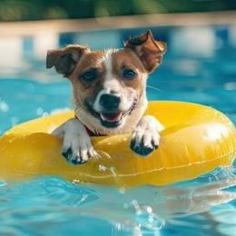 a dog in a floaty in a pool