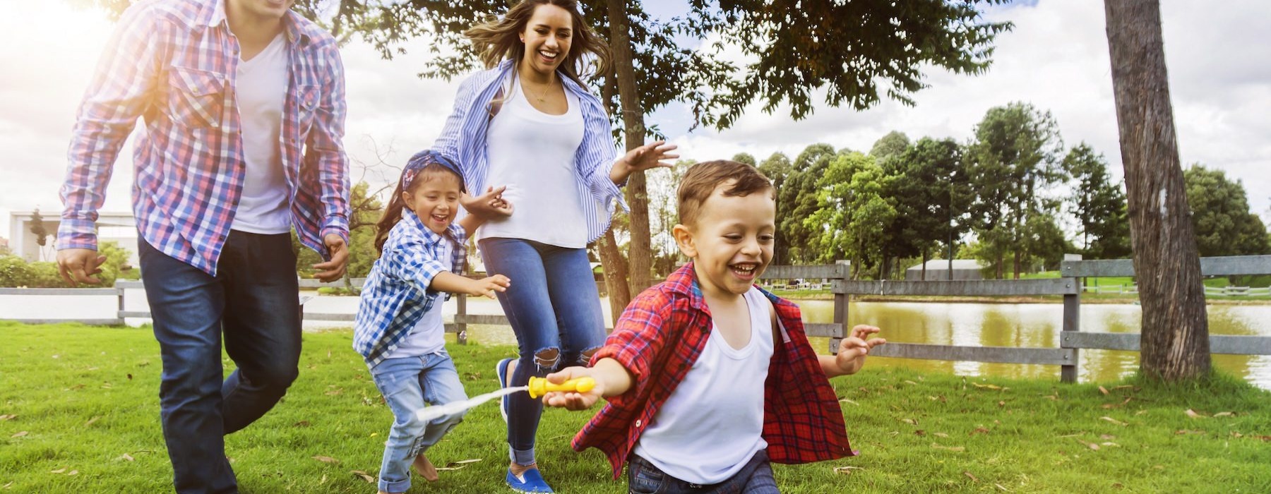 a family running through a park